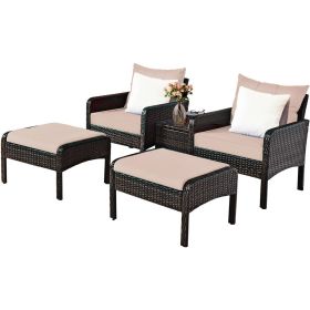 5 PCS Patio Rattan Wicker Furniture Set Sofa Ottoman Coffee Table Cushioned