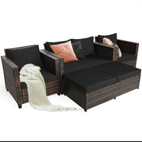 5PCS Patio Rattan Furniture Set Loveseat Sofa Ottoman Cushioned Black